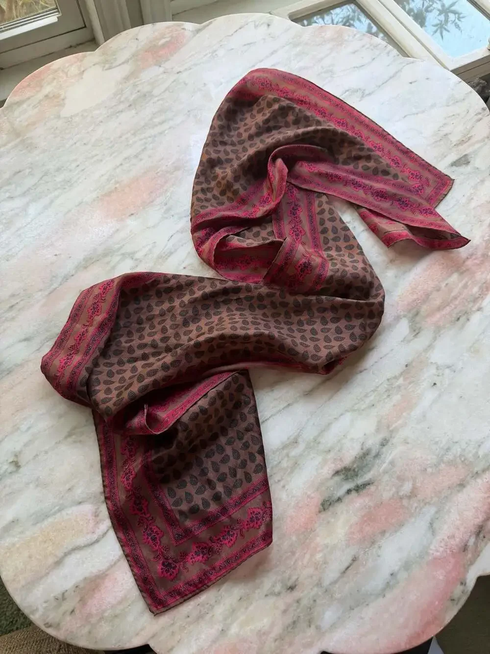 Anne Klein Vintage Brown and Pink Paisley Silk Scarf